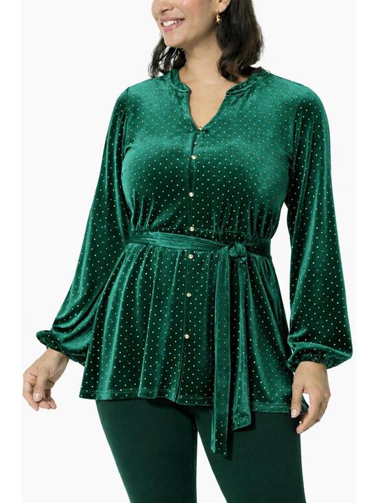 Colleen Lopez Tops - NWT Colleen Lopez Green Velvet Studded Belted Peplum Blouse Size Medium